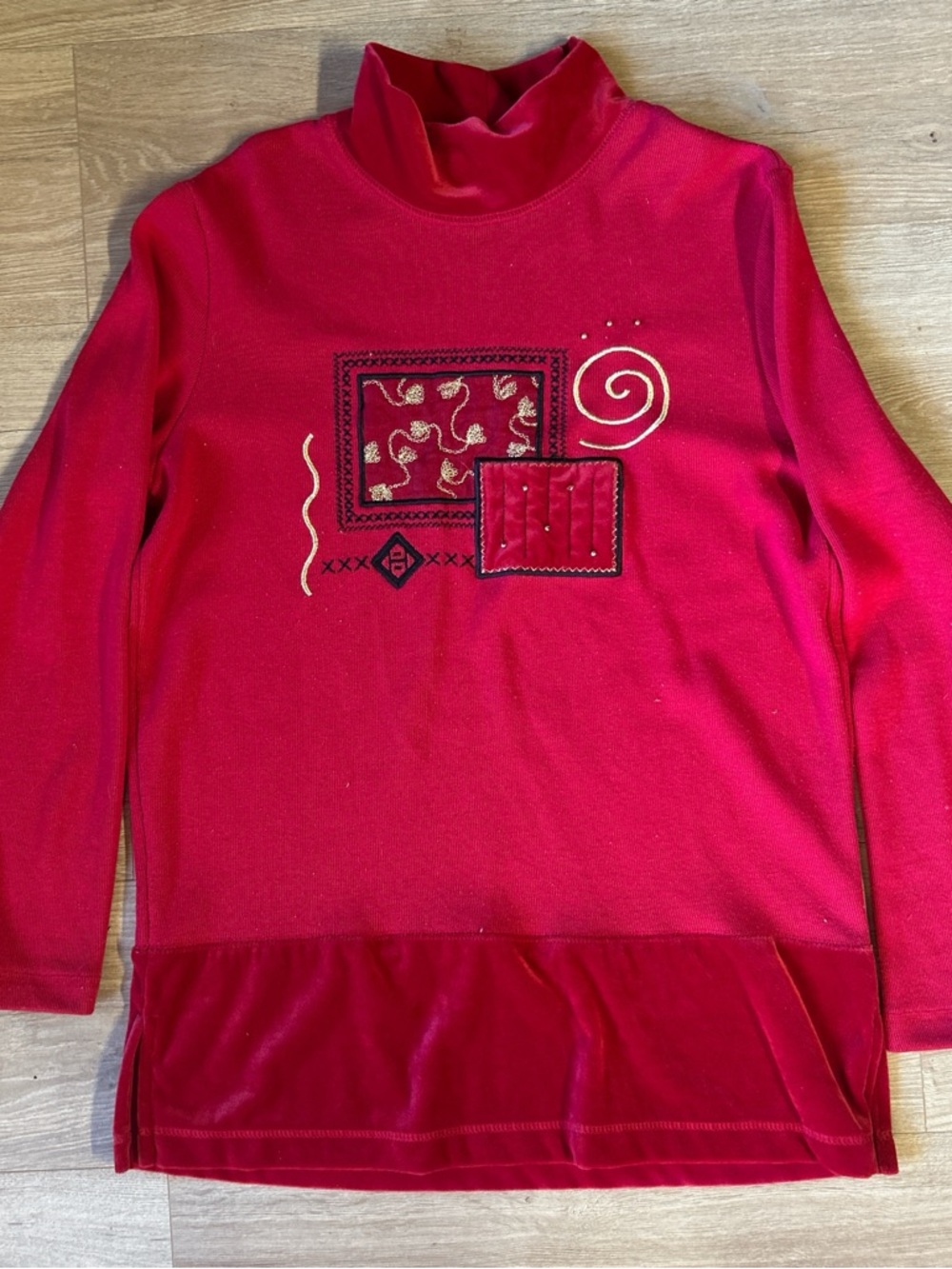 Bobbie Brooks Red Velvet and Embroidered Embellished Long Sleeve Top